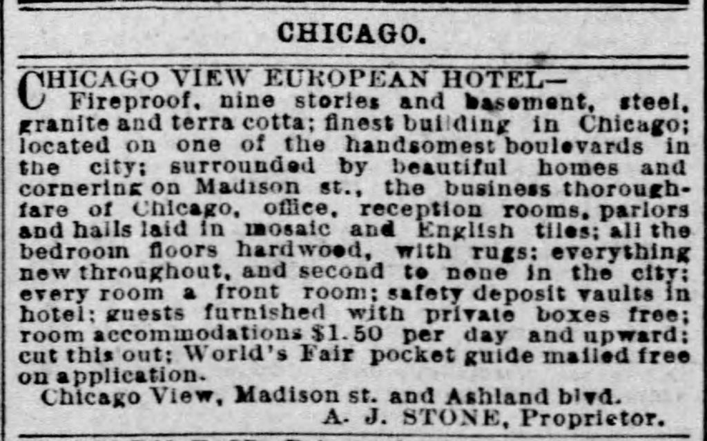 Chicago View European Hotel as advertised in the St. Louis Post Dispatch, June 14, 1893.