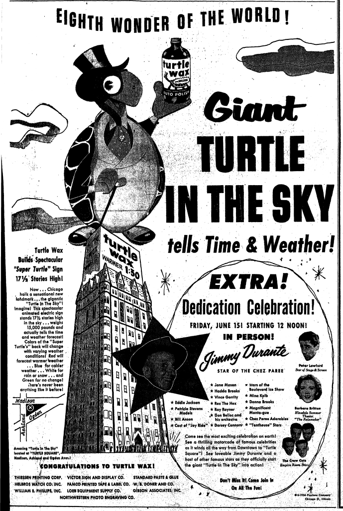 Advertisement for the festivities which appeared in the Chicago Daily News, June 14, 1956. Durante, who voiced the turtle in the TV commercials, ended up being a no-show for the actual events after promoters “found him passed out in his room at the Drake Hotel with a collection of chorus girls.”